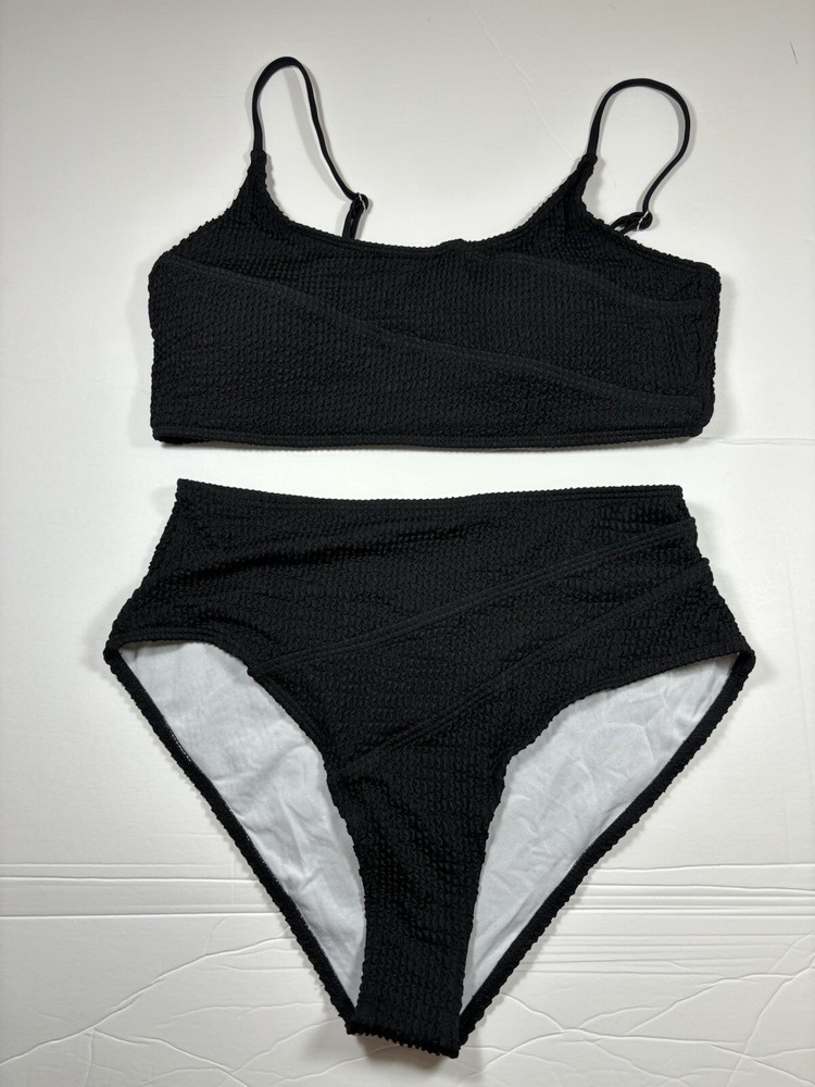 Black Seersucker Bikini with Removable Pads & Adjustable Straps - High Cut Large  