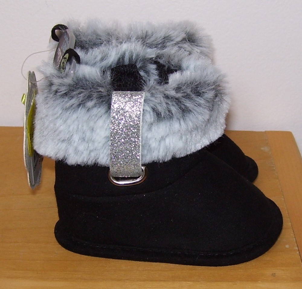 First Steps by Stepping Stones Black Faux Fur Silver Infant Booties Shoes 0-3M