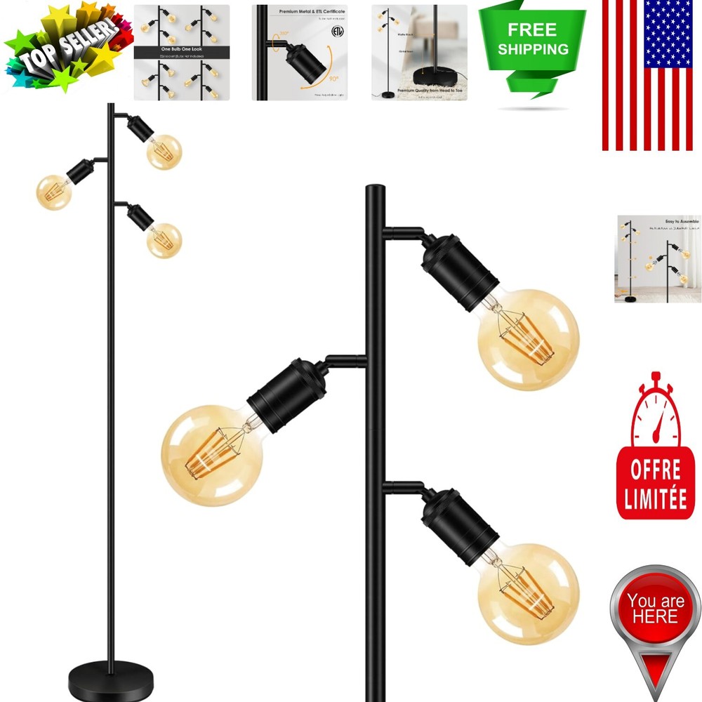 Adjustable 3-Light Industrial Tree Floor Lamp with E26 Socket and Foot Switch