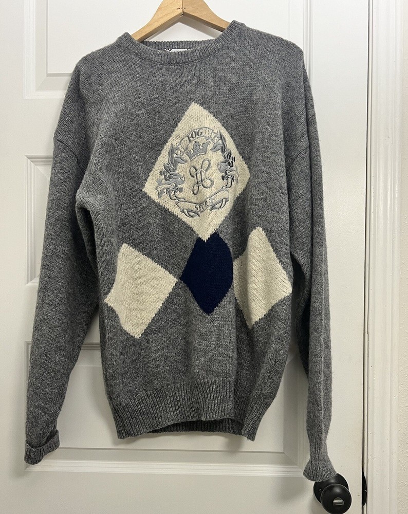 London Fog Men's Gray Argyle Shetland Wool Sweater with Preppy Crest Size L