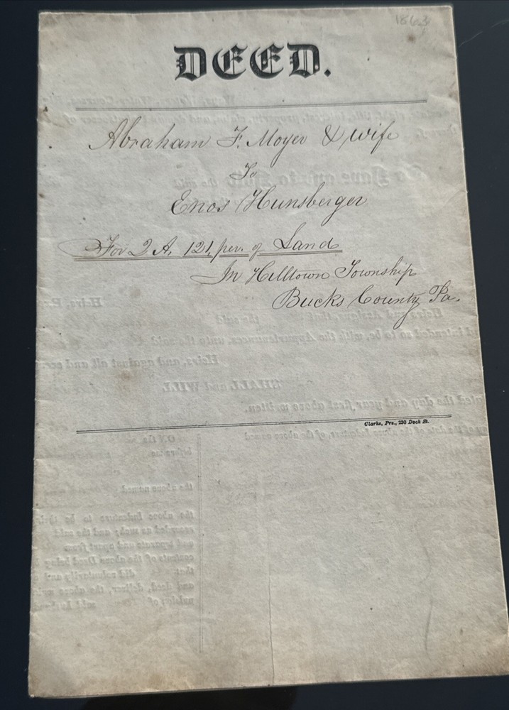1864  antique LAND DEED Hilltown Township Abe F. Moyer to Enos Hunsberger Bucks
