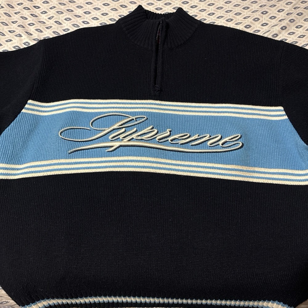Supreme FW25 Script Stripe Half Zip Sweater Navy Size L Super Soft Authentic New