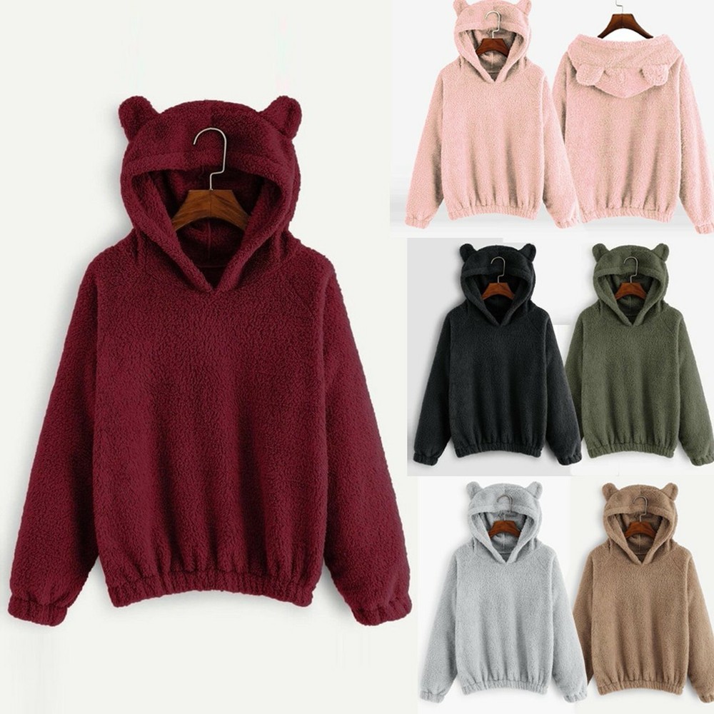 Women Long Sleeve Bear Ears Fleece Hooded Sweatshirt Warm Fuzzy Hoodie Pullover