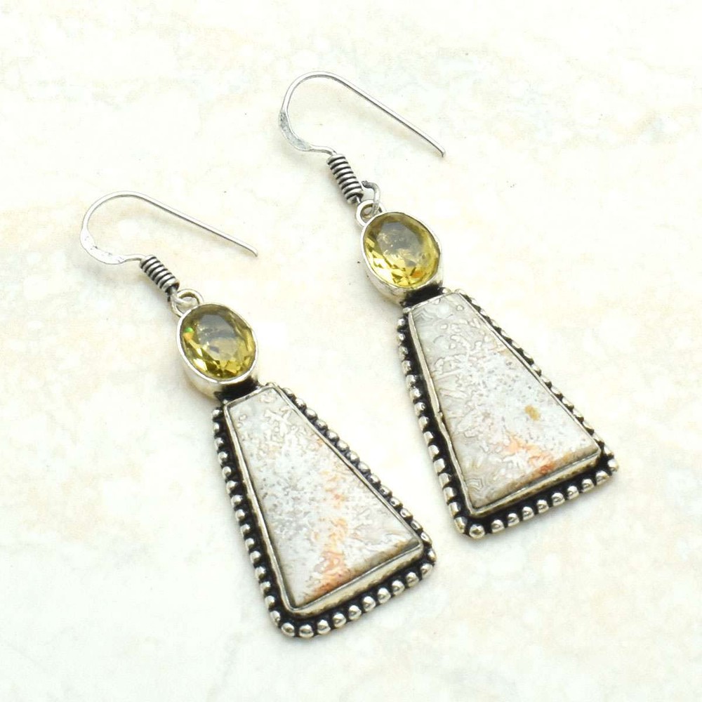 Crazy Lace Agate Citrine Drop Dangle Earrings 2.08 Inches AE-10191