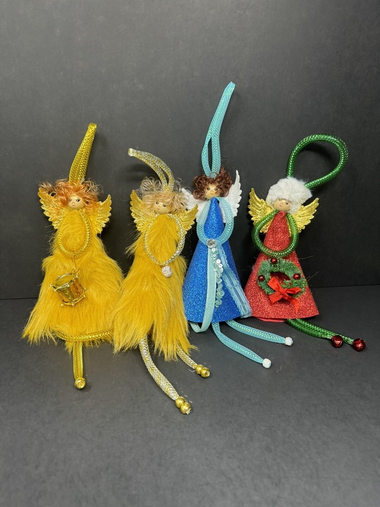 Retro VTG Angel Christmas Ornaments Lot Of 4 Kitschy Handmade Fur Piping Dangle