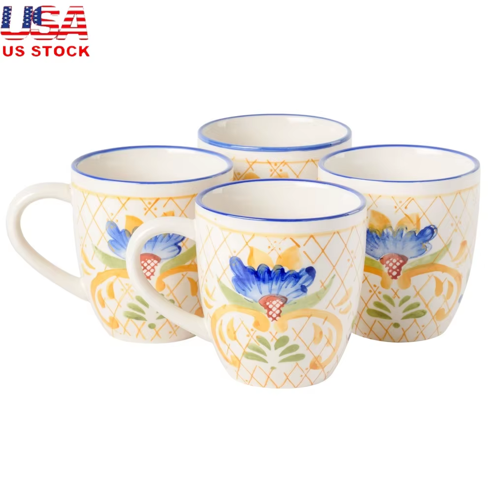 Farmhouse Style Hand Painted Stoneware Coffee Mugs Microwave Safe Tea Cups