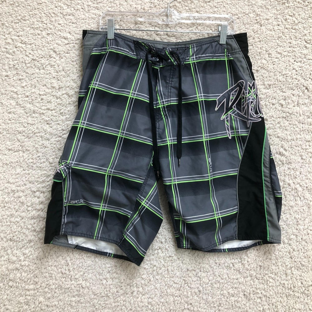 RIP CURL Boardshorts 34 Mens Gray Plaid Cargo Swim Trunks Classic Surfing Beach
