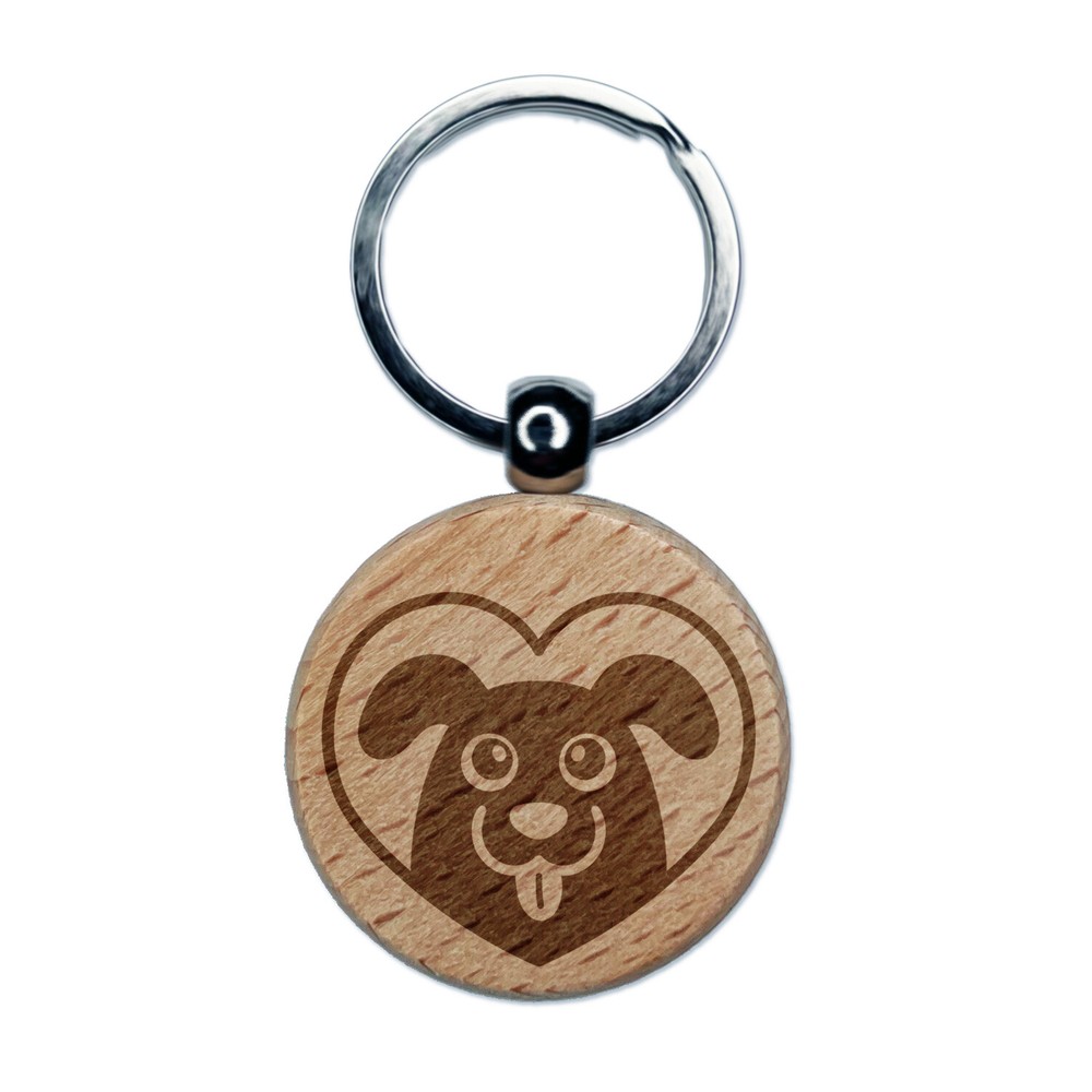 Dog Inside of Heart Love Engraved Wood Round Keychain Tag Charm
