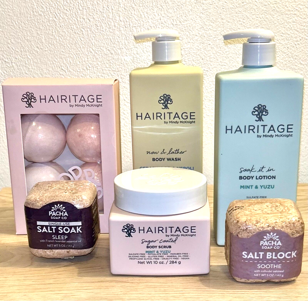 Hairitage Skin Care Set Body Wash Lotion Body Scrub Bath Bombs Salt Blocks