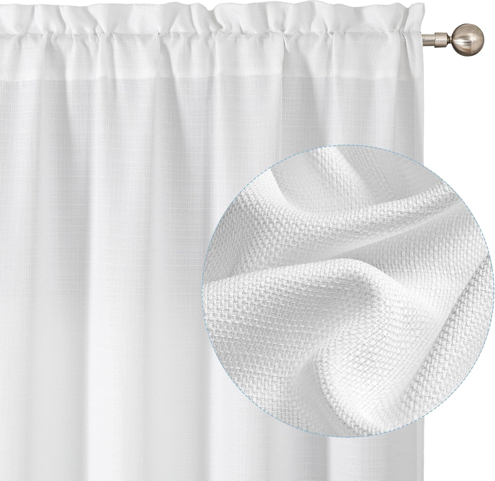 White Curtains 45 Inch Length 2 Panels, Faux Linen Textured Semi S...