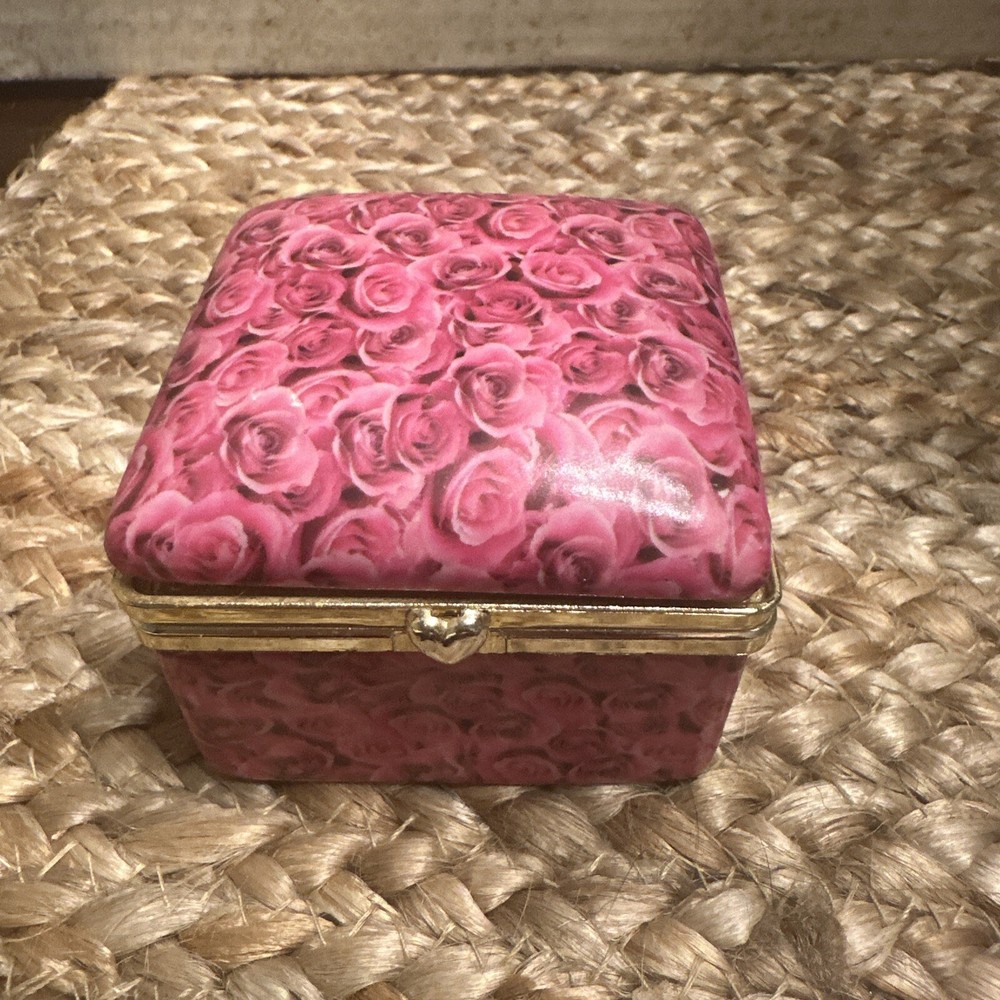 Vintage Pink Roses Hinged 2.5 Inch Square Trinket Box