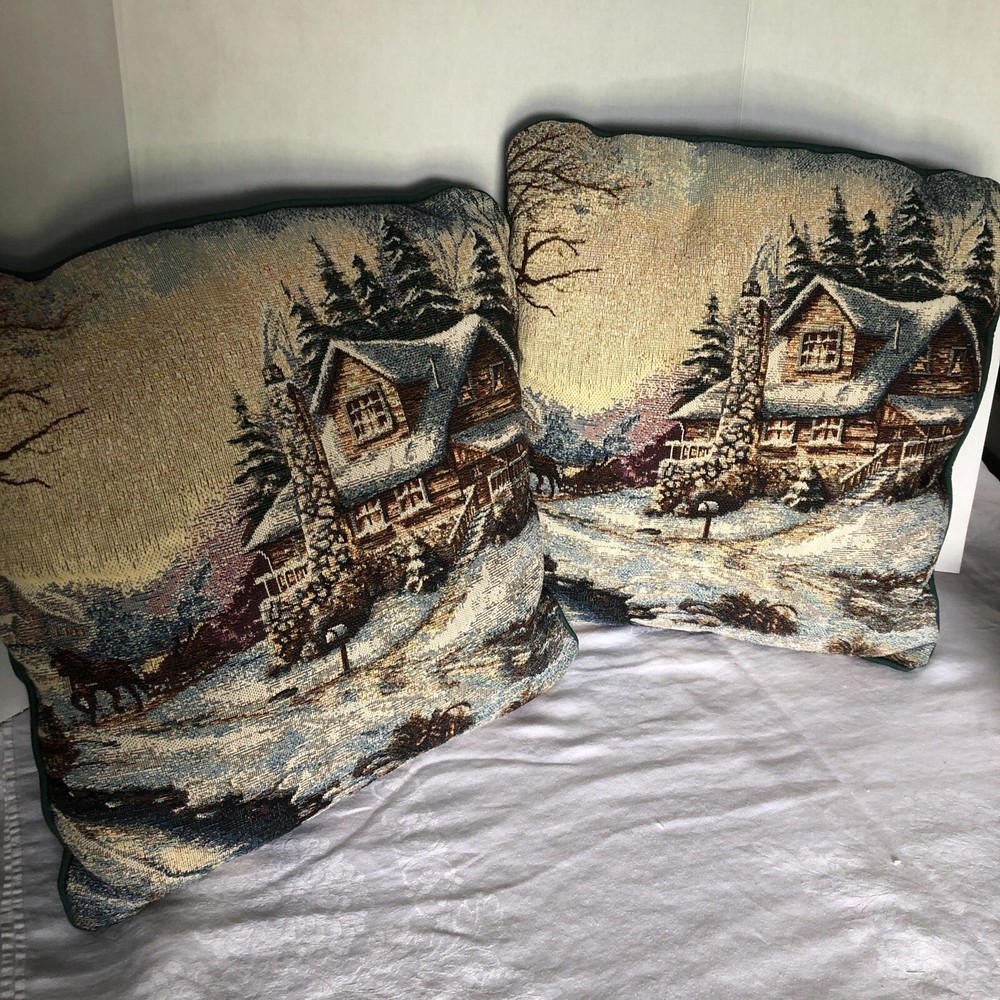 Two Carl Valente Decorative Pillows Cabin In Winter 15” Square Embroidered Look