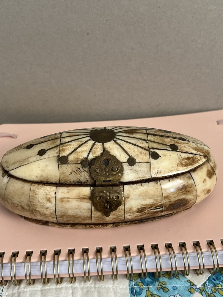 Vintage Handmade Camel Bone Trinket Box with Brass Inlay Design
