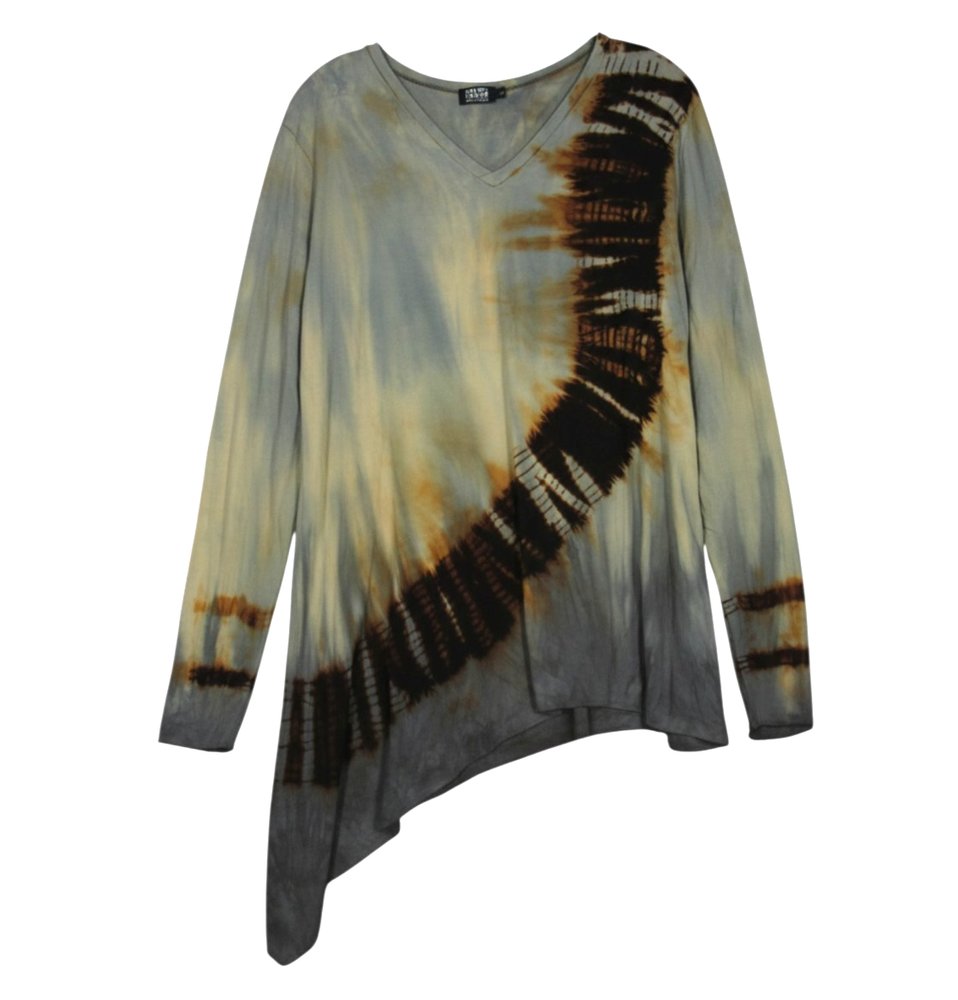 ART OF CLOTH Blue/Multi TIE-DYE V-Neck ASYMMETRICAL HEM Twill BLOUSE/TUNIC TOP L