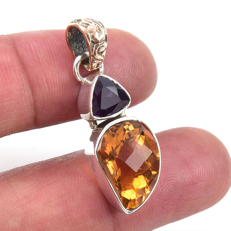 Natural Citrine and African Amethyst 925 Sterling Silver Pendant 1.25 Inch