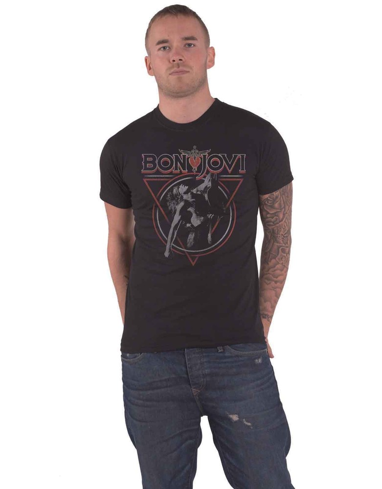 Official Black Bon Jovi Band Logo Triangle Overlap Mens T-Shirt