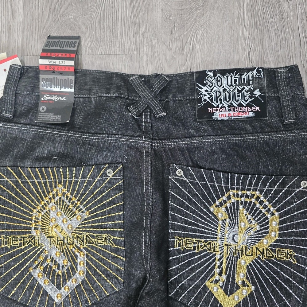 NWT Vtg South Pole Black Jeans 34 Metal Thunder Embroidered Y2k Baggy Hip Hop