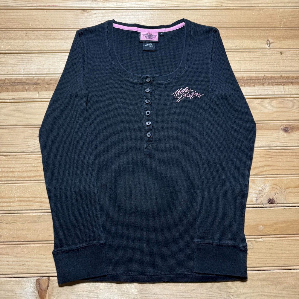 Vintage Y2K Harley-Davidson Waffle Knit Long Sleeve Henley Shirt Youth - Medium