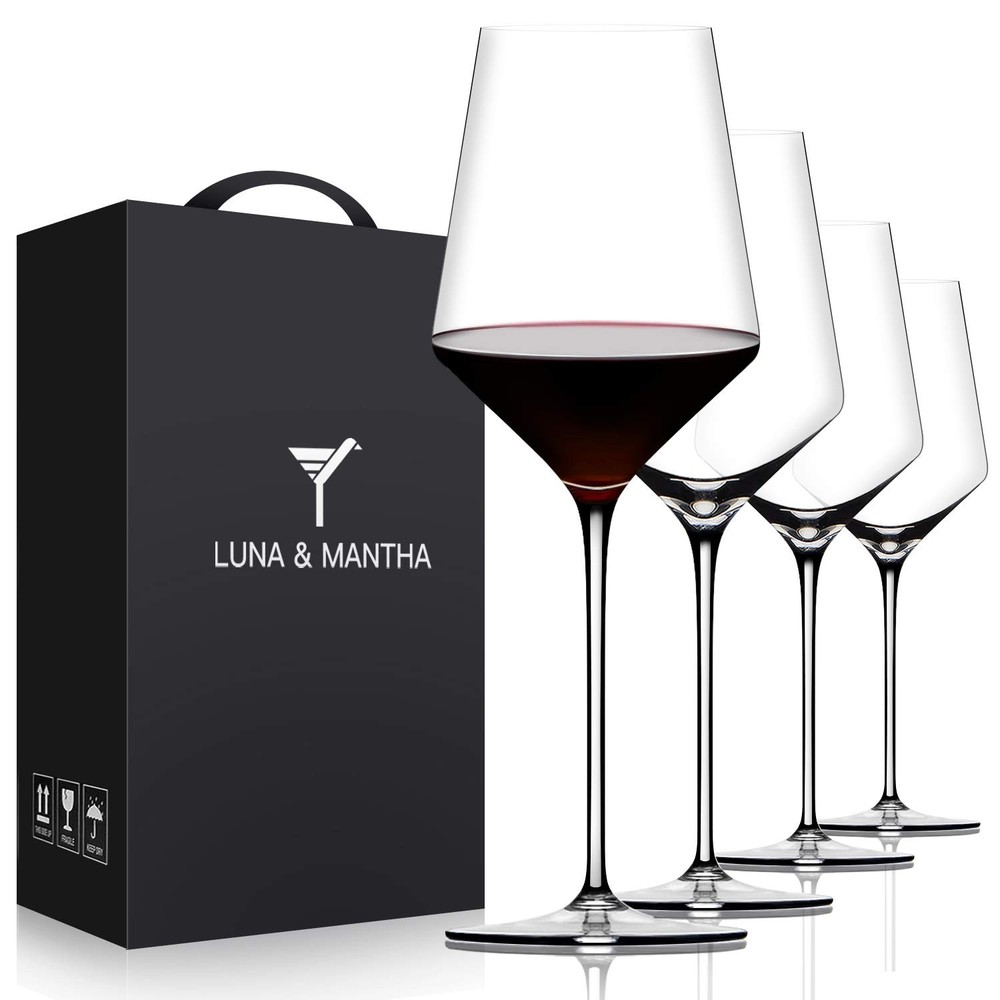 Premium 15 oz Hand-Blown Crystal Red Wine Glasses Set of 4