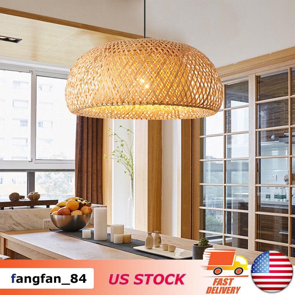 Vintage Bamboo Wicker Rattan Lantern Pendant Light Fixture Hanging Ceiling Lamp