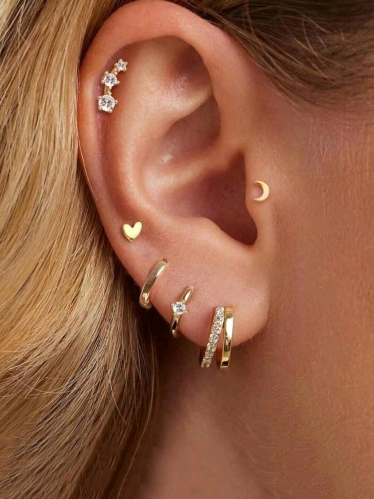 Gold Huggies Double Hoop Earrings 18k Yellow Moon Heart Huggies Helix Piercing