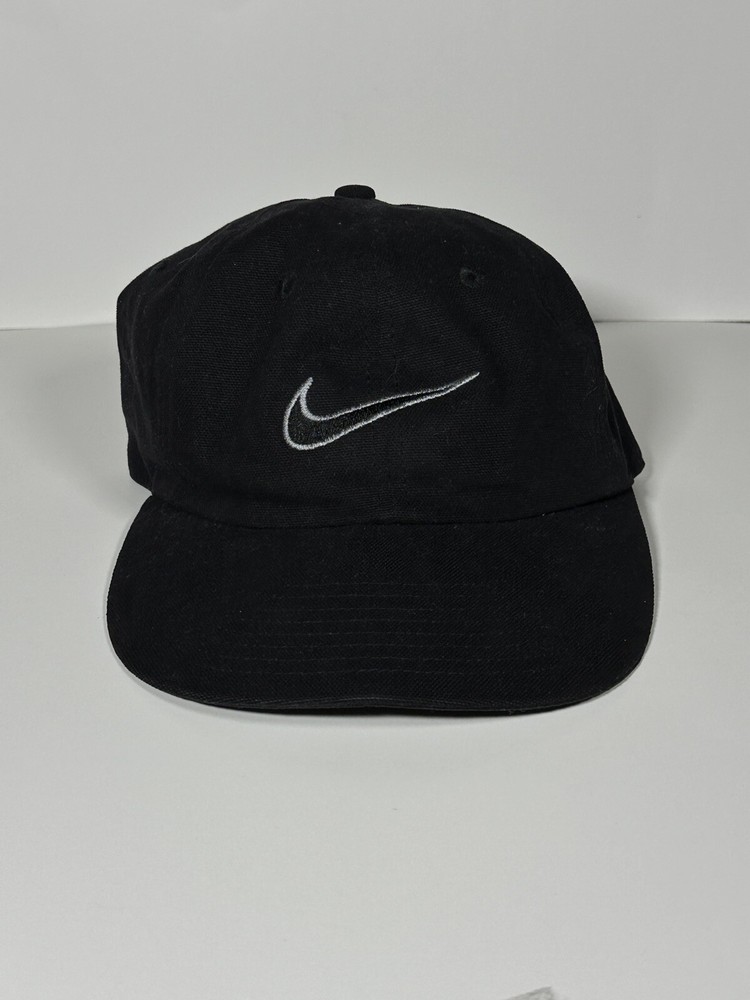 VTG Nike Center Swoosh Hat Check Logo Rap Hip Hop Strap Back Black Cap 90s Y2K