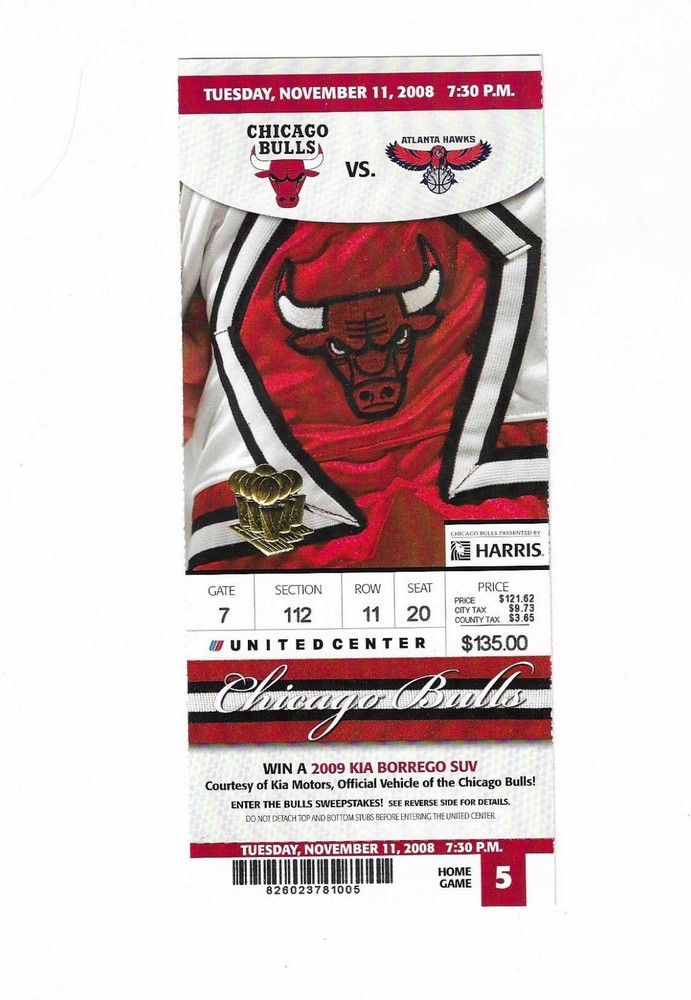 Chicago Bulls vs Atlanta Hawks Unused Basketball Ticket from 11/11/2008