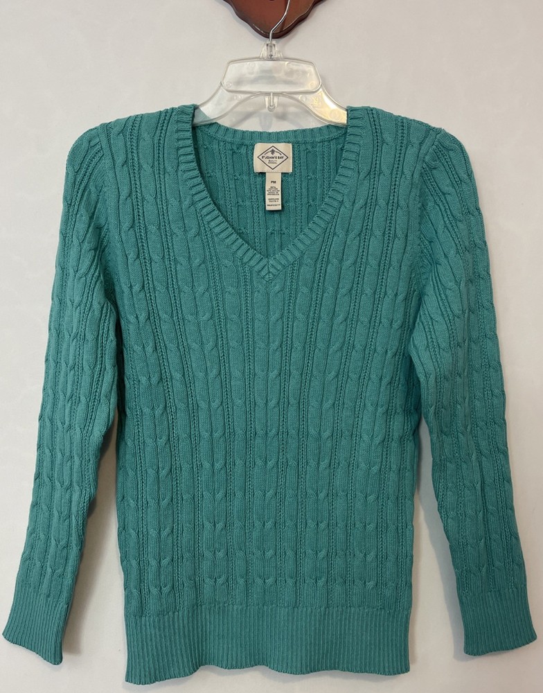 St Johns Bay Womens Petite Medium Green Stripe Thick Pullover Knit Sweater A2766