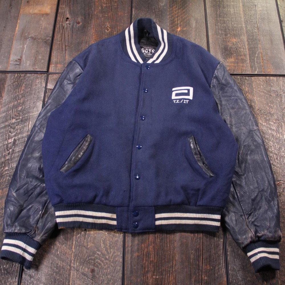 SP Old Clothes Grunge Stadium Jacket Leather/Wool Navy Size L - Made in Canada