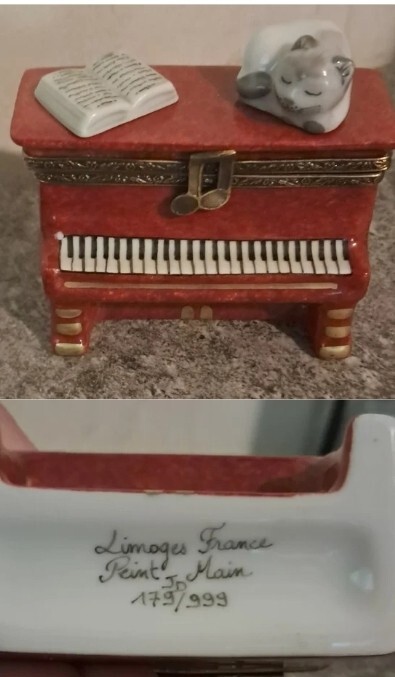 Limonges musical trinket box featuring a cat and book on a piano