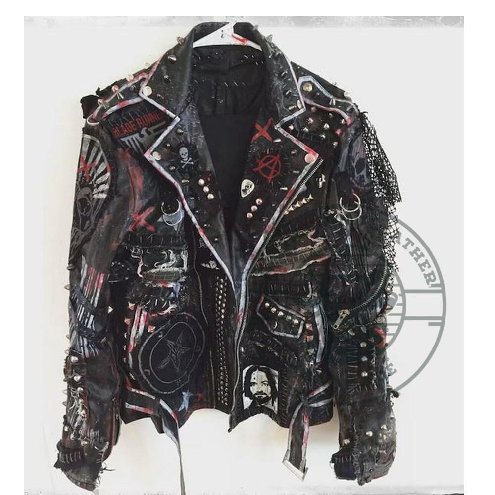 Handmade Black Studded Leather Jacket with Skull Patchwork for Men  