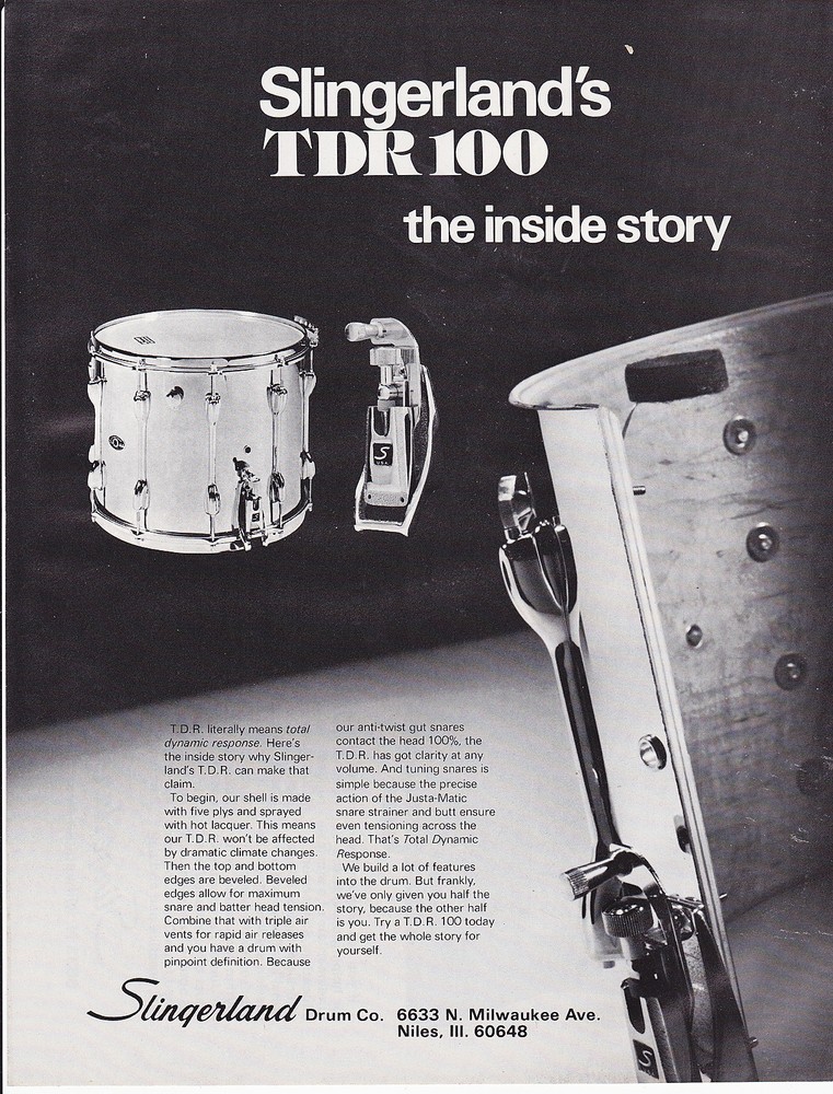 VINTAGE AD SHEET #2177 - SLINGERLAND TDR 100 SNARE DRUM - INSIDE STORY - 1970s