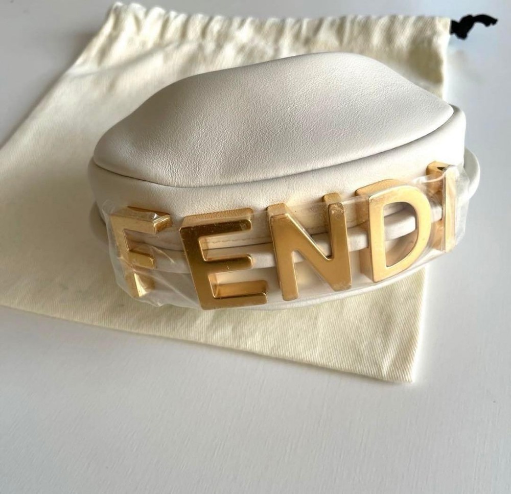 New FENDI Nano Fendigraphy White Calf Leather Charm Hobo Bag w/ Strap Dust Bag