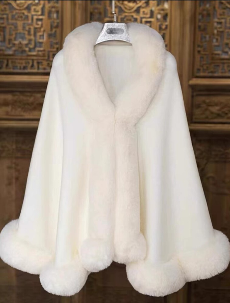 White Knitted Fur Cape Cardigan with Imitation Fur Collar Shawl Jacket