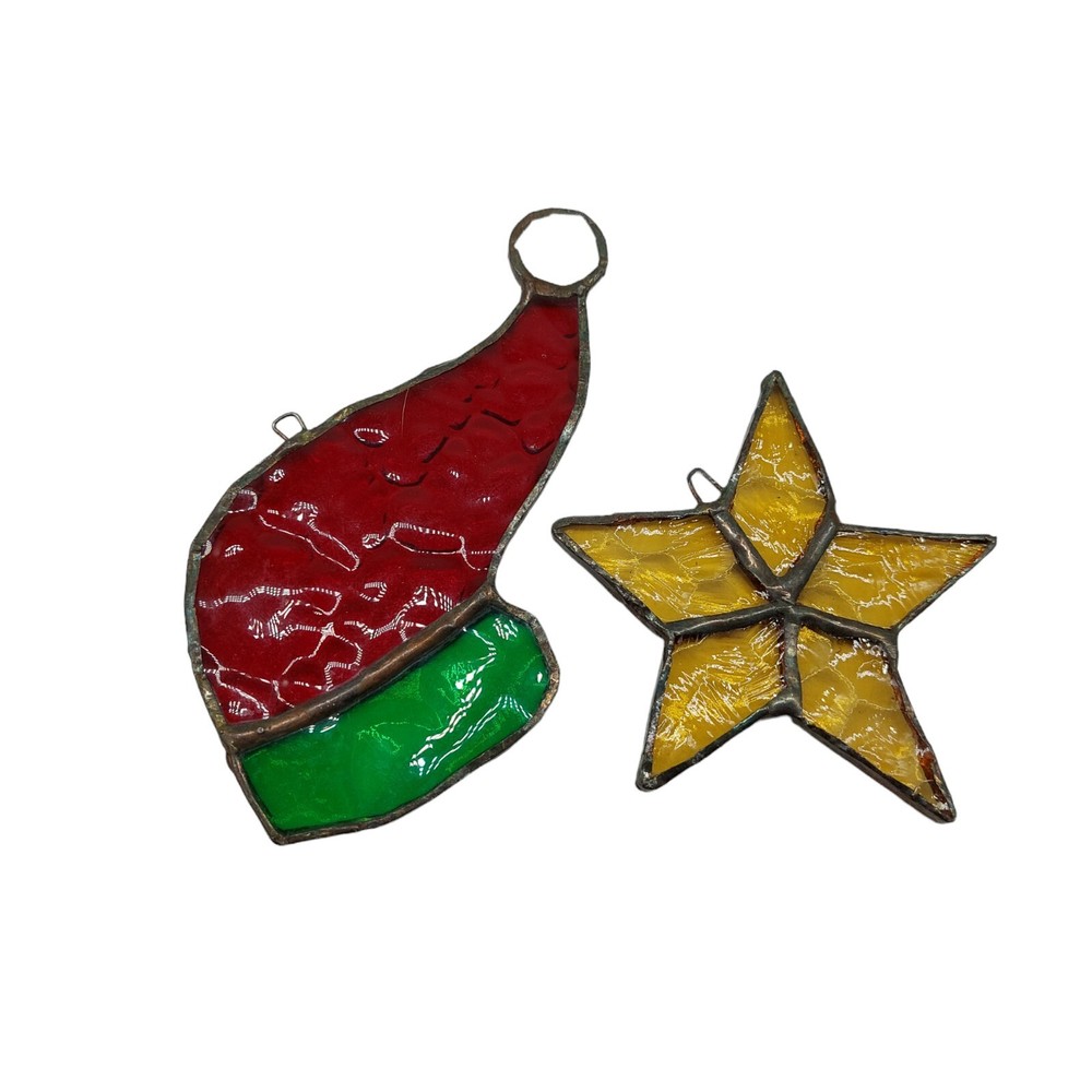 Stained Glass Santa Hat & Gold Star Christmas Window Decor