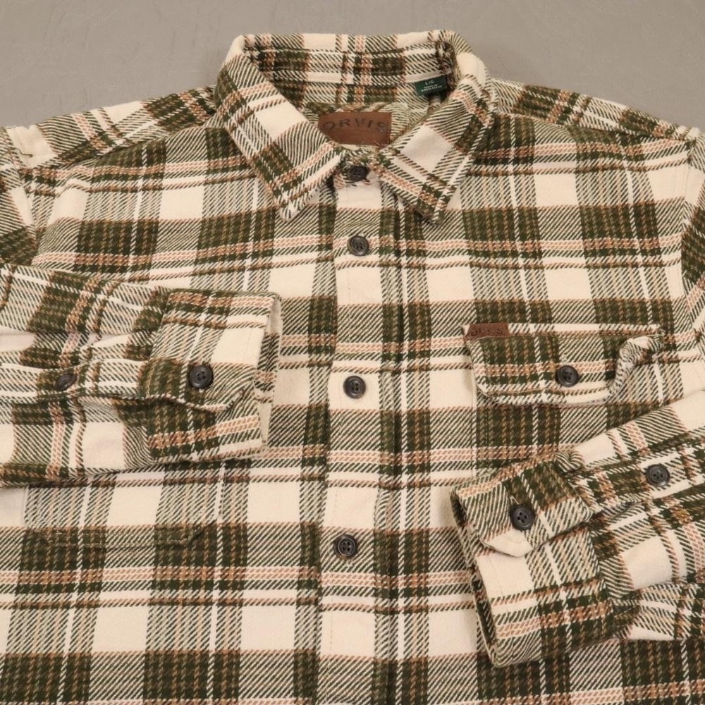 Orvis Flannel Mens Large Green Plaid Jacket Shirt Shacket Button Pockets Heavy