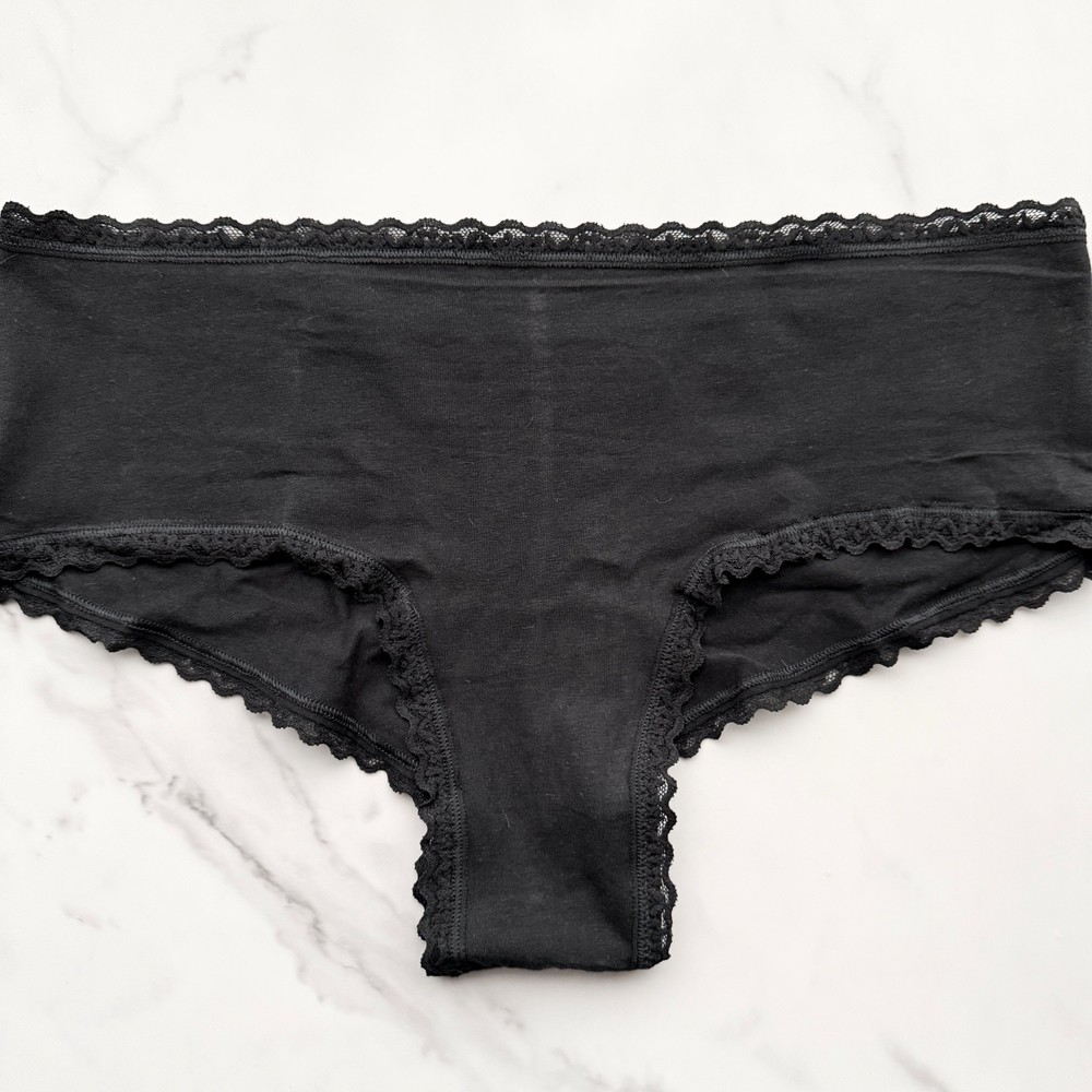 Victoria's Secret Lace-Trim Cotton Lace-Waist Cheeky Panty Black SZ L/XL