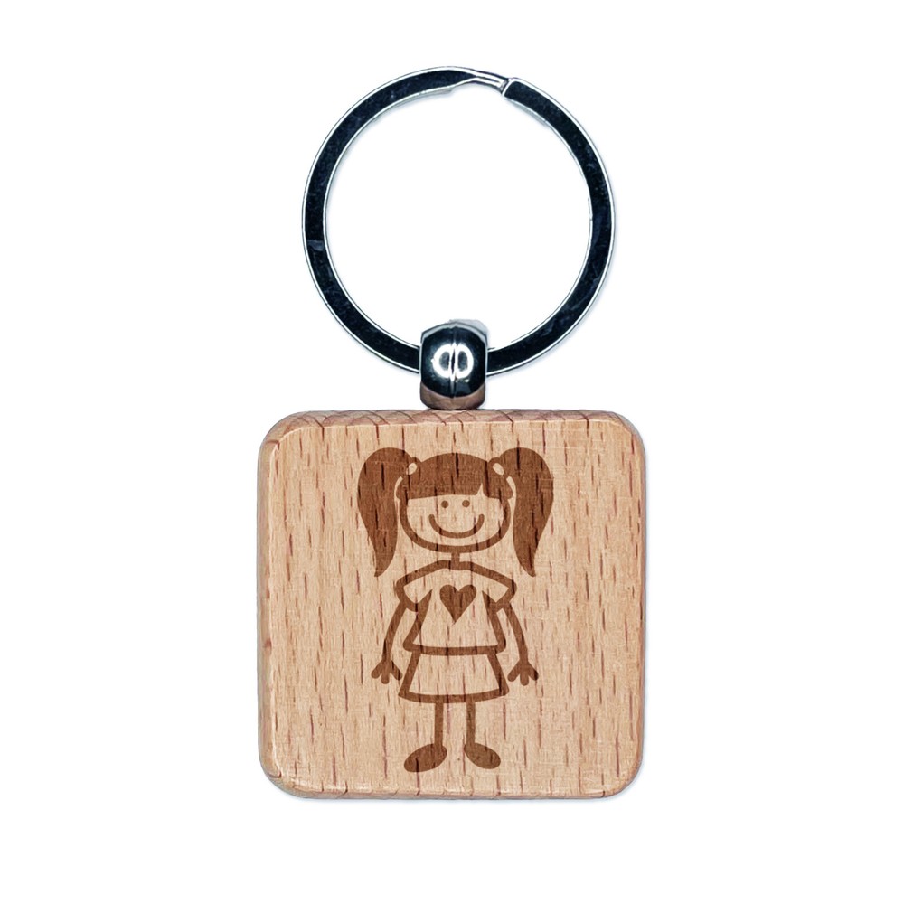 Stick Figure Girl Daughter Engraved Wood Square Keychain Tag Charm