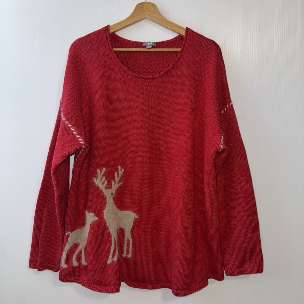 J.Jill Womens XL Red Yak Angora Reindeer Stitch Sleeve Sweater Christmas Winter