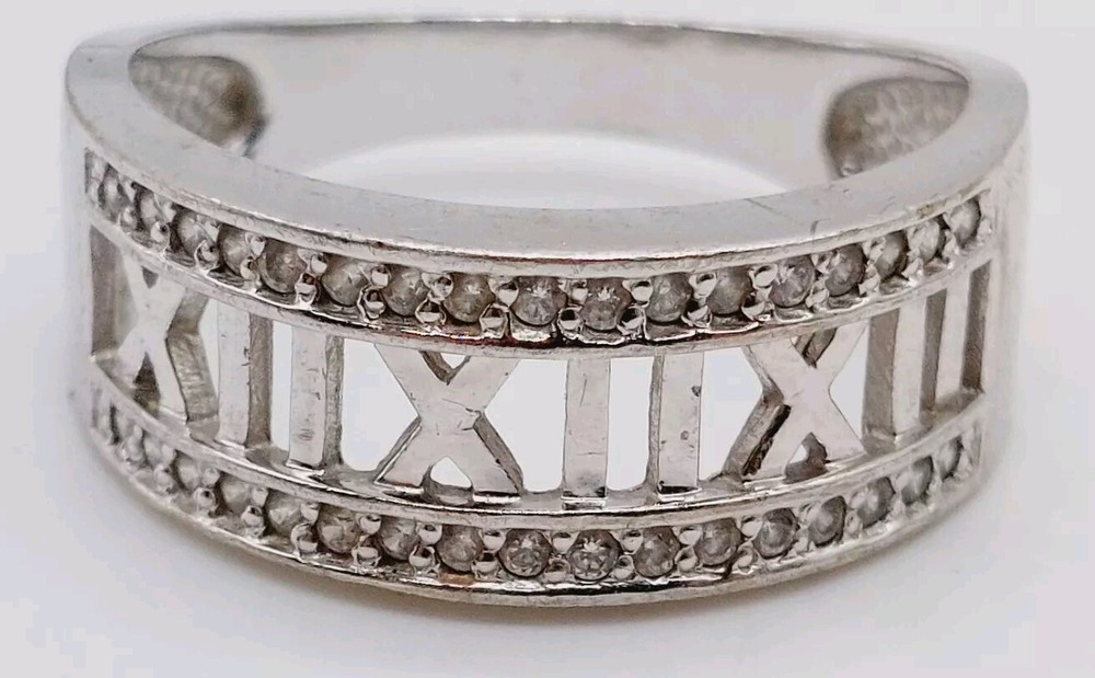 Sterling Silver Roman Numeral CZ Accent Band Ring Size 10 925