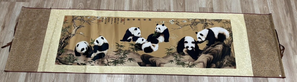 Sakuma? Antique Japanese Chinese Silk Hanging Scroll Painting 7 Pandas No/Box