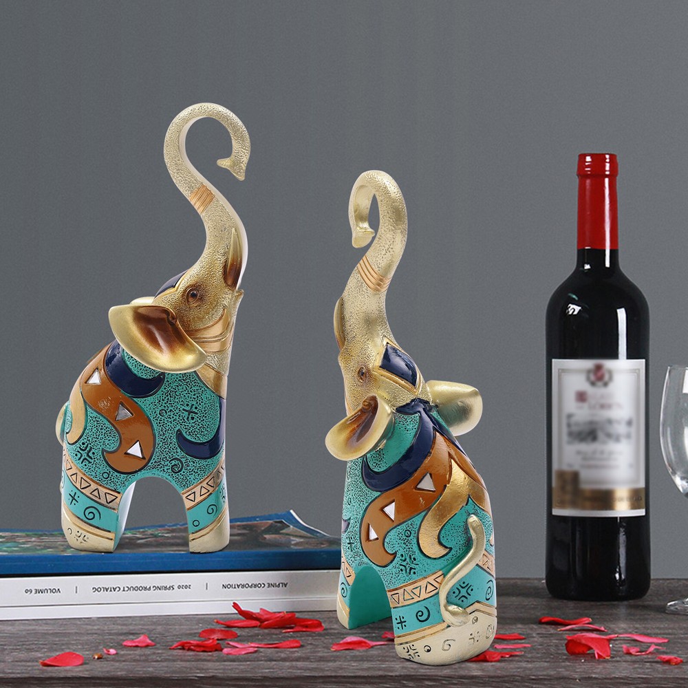 2 PCS Feng Shui Pair of Resin Elephant Statue Lucky Figurine Gift Home Decor New