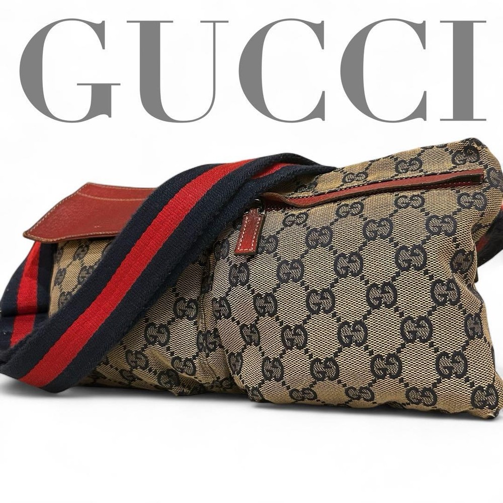 Authentic GUCCI GG Logo Waist Pouch Bum Bag Canvas Leather Red 28566