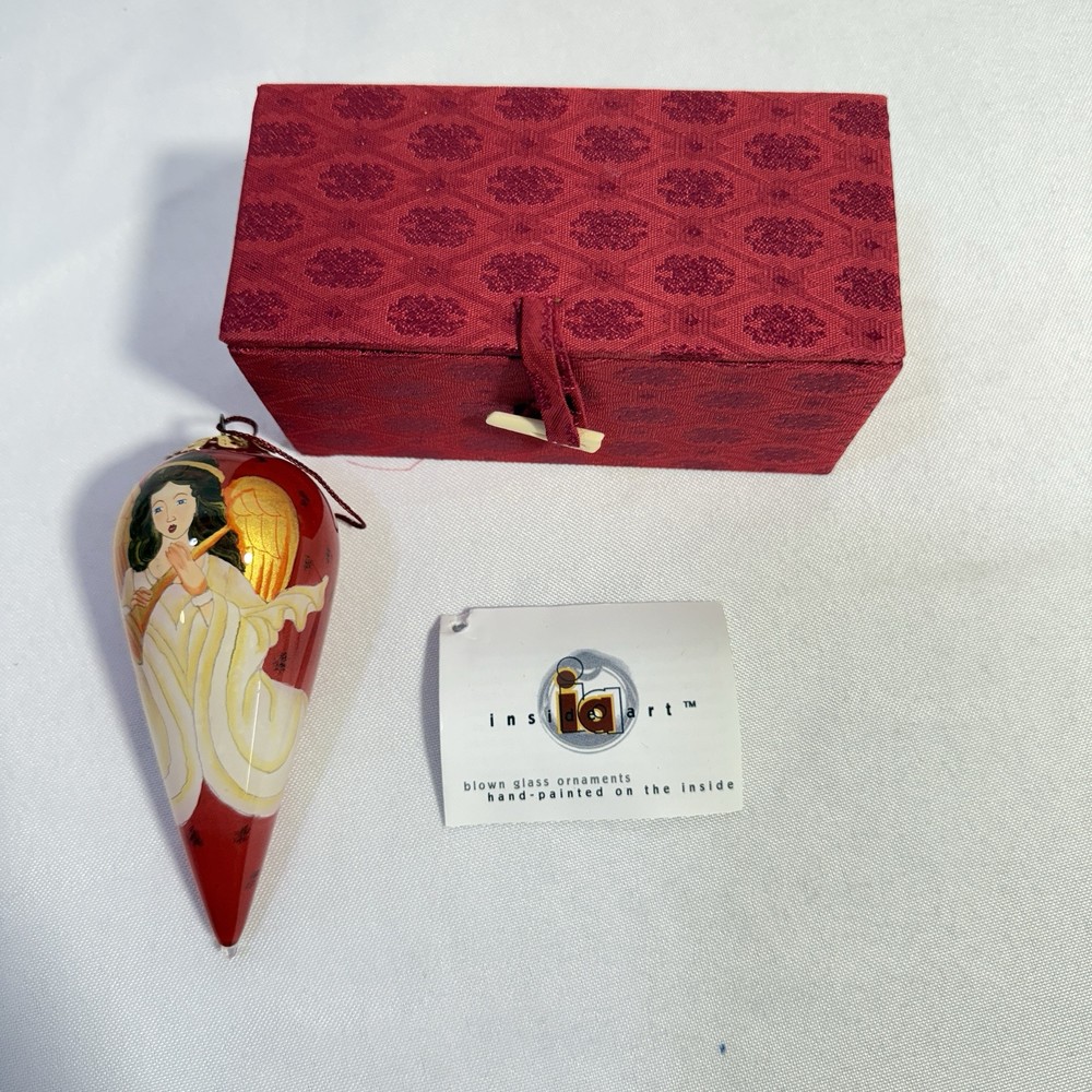 1999 Handblown Red Gold Angel Trumpet Tear Drop Glass Christmas Ornament