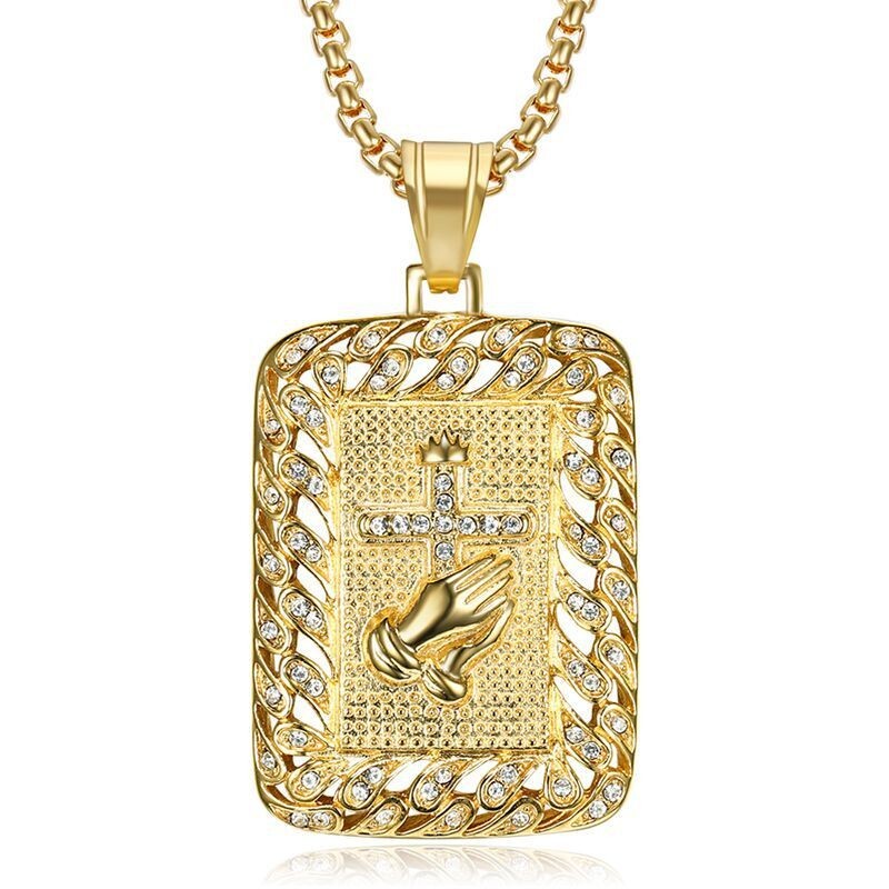 14k Gold Plated Rhinestone Cross Pendant Necklace for Men