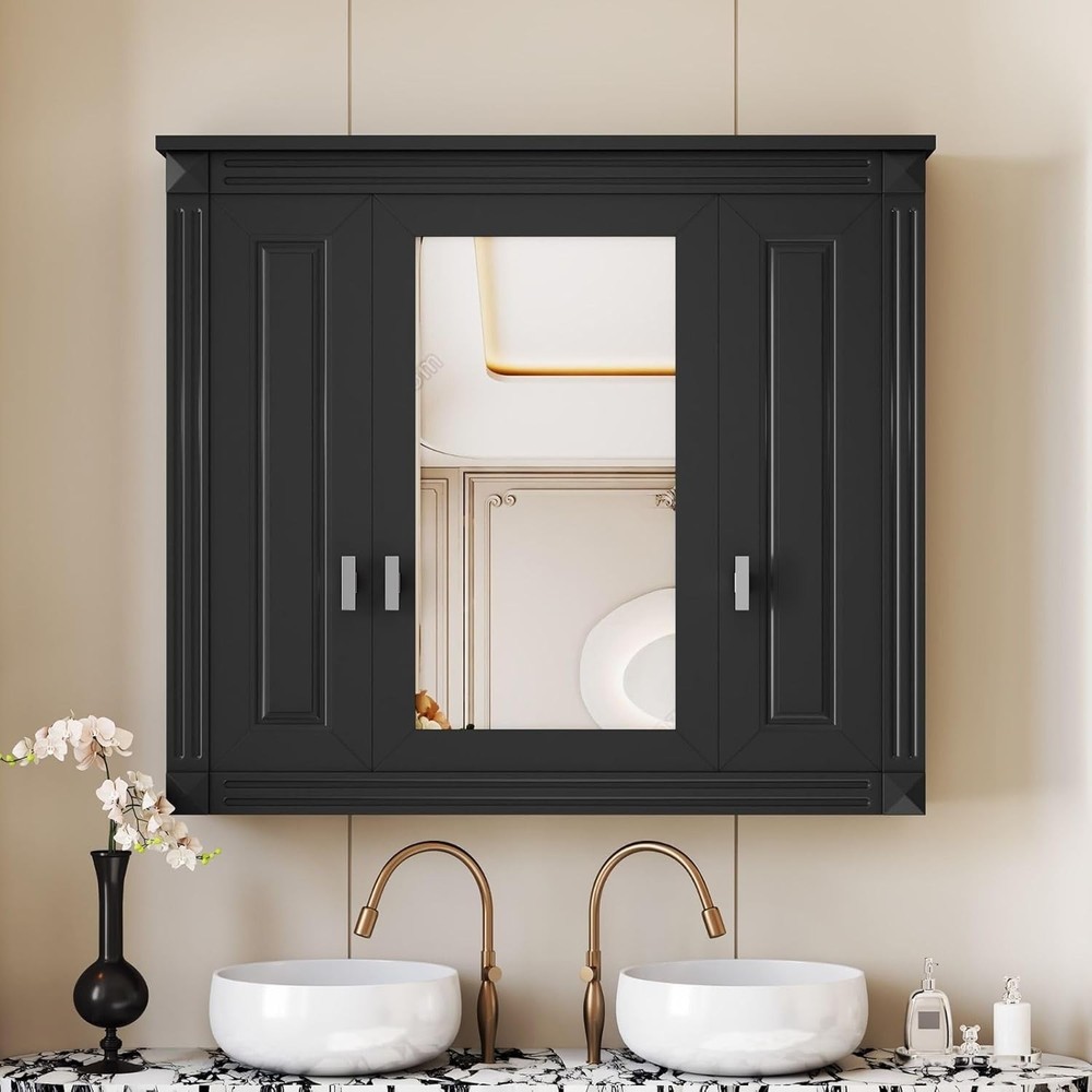 35-Inch Black 3-Door Bathroom Medicine Cabinet with Mirror
