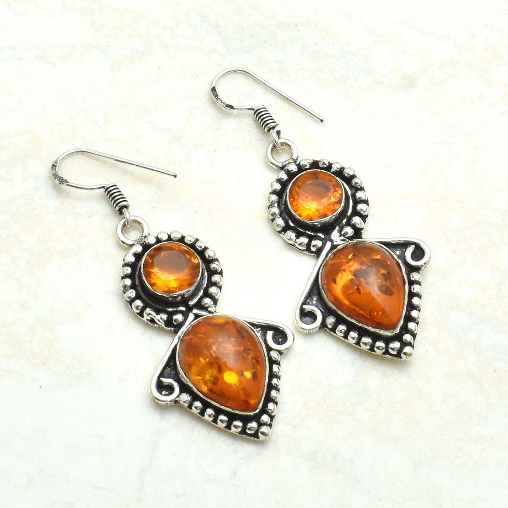 Amber Honey Citrine Gemstone Dangle Earrings Jewelry Gift 2.08 Inches AE-10235