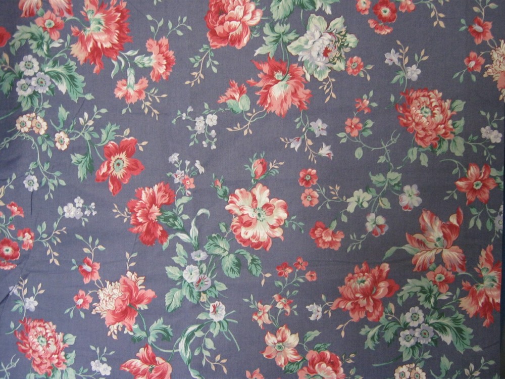 Cranston Fabric Red/Rose Flowers On Slate Blue Carnations Roses 2 7/8 Yds x 42