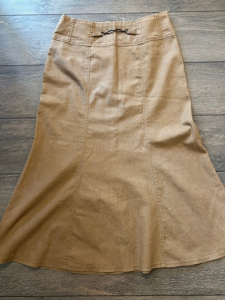 Y2K NYCC Tan Midi Skirt Women’s Sz 10 Hook Detail Flared Hem Vintage 2000s