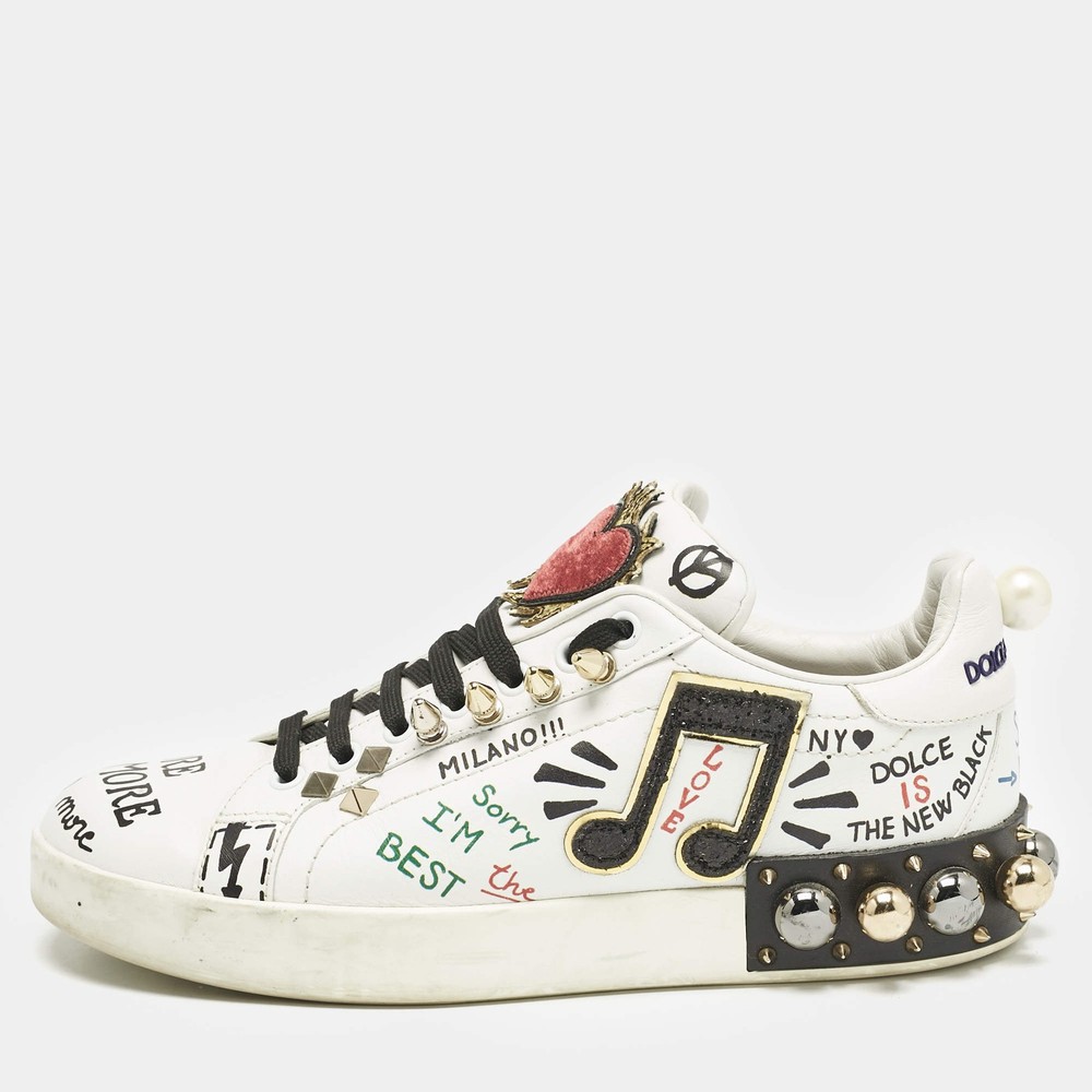 Dolce Gabbana White Leather Portofino Graffiti Heart Applique Low top Sneakers